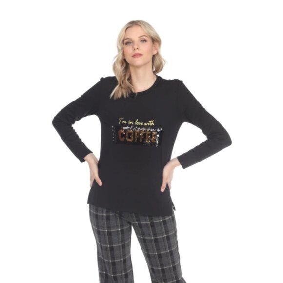 BNWT Frank Lyman Design Black/Gold Sequined Coffee/Wine Long Sleeve T-shirt S - Picture 2 of 15